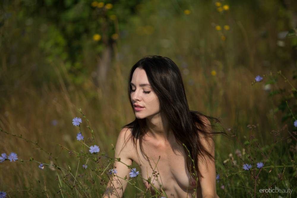 Dark haired teen Adel Morel picks apples and flowers in her birthday suit - #3