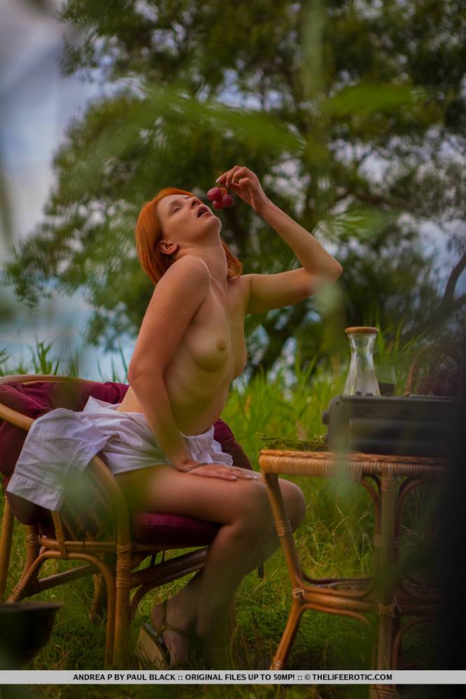 Natural redhead Andrea P models totally naked on a chair near the water | Photo: 317070
