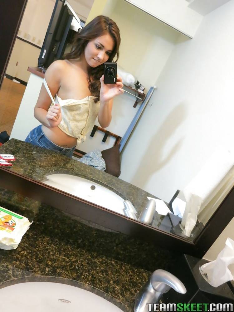 Sassy brunette stripping in front of the mirror and making selfies - #13