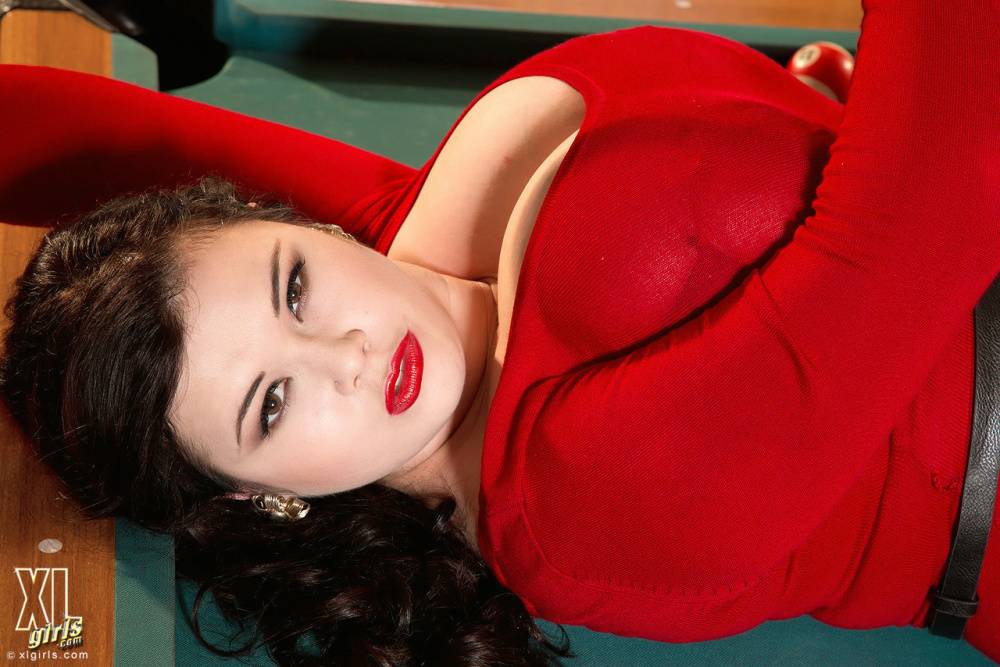BBW Roxanne Miller releases her big naturals from a red dress on a pool table - #5