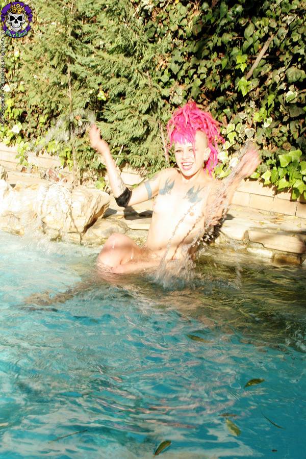 Pink haired tattooed punk girl by the pool - #12