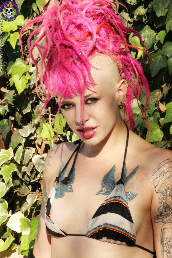 Pink haired tattooed punk girl by the pool - #11