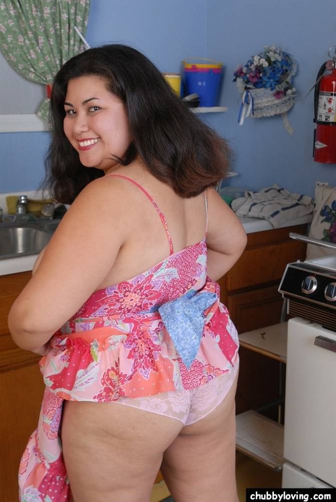 Fat chick Tyung shows off fat rolls while stripping naked in kitchen - #11