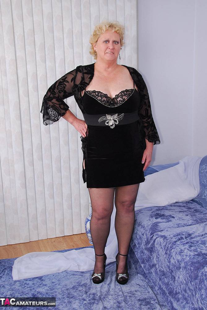 Mature fatty Fanny removes cotton underwear in stockings and heels - #9