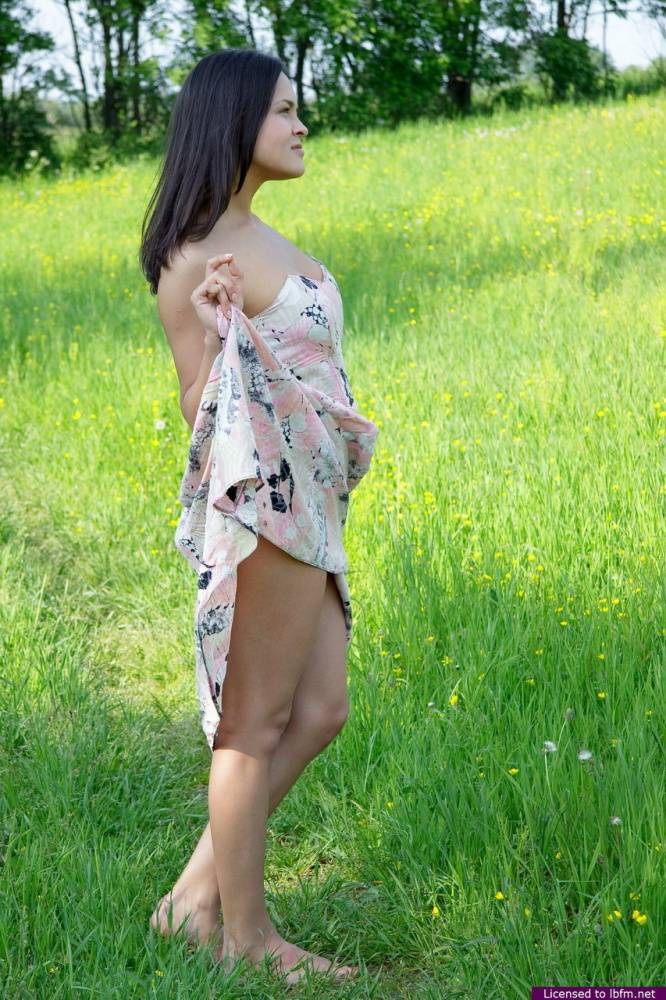 Nice Asian teen frees her breasts and pussy from her dress in a grassy meadow - #5