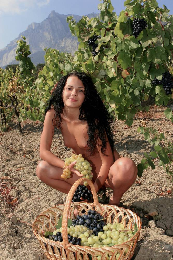 Dark haired teen Armida picks a basket of grapes while completely naked - #9