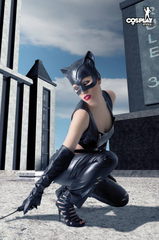 Beautiful girl gets naked in a leather Catwoman hood on a rooftop - #6