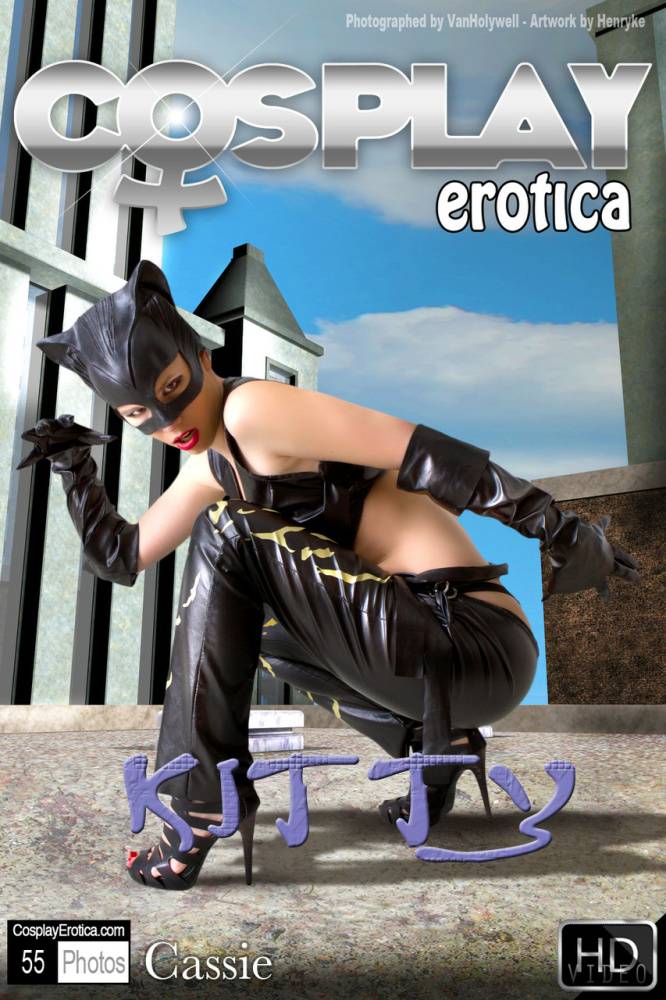 Beautiful girl gets naked in a leather Catwoman hood on a rooftop - #12