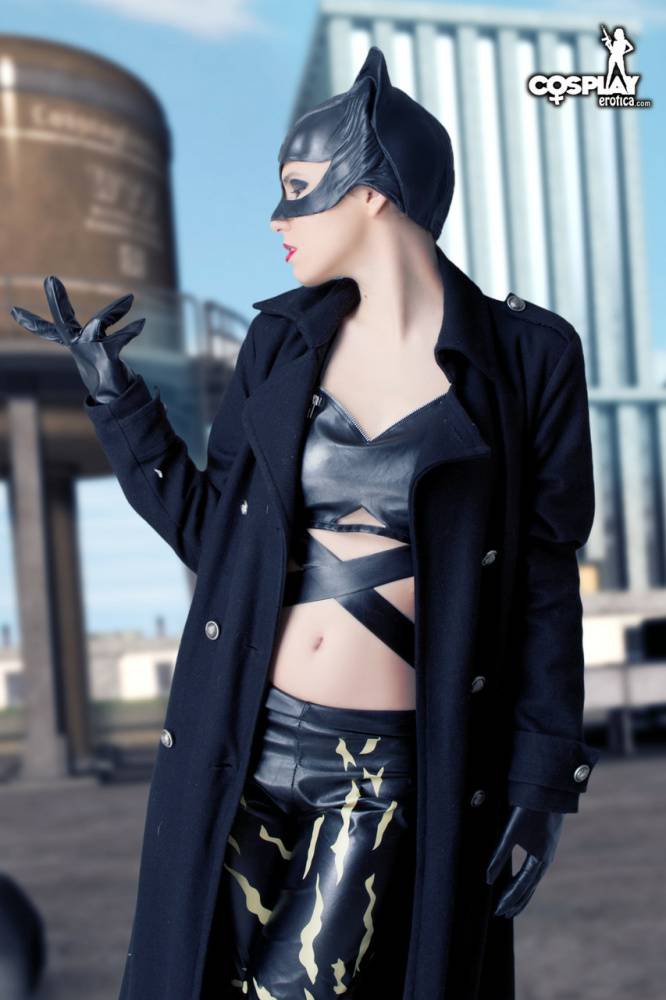 Beautiful girl gets naked in a leather Catwoman hood on a rooftop - #3