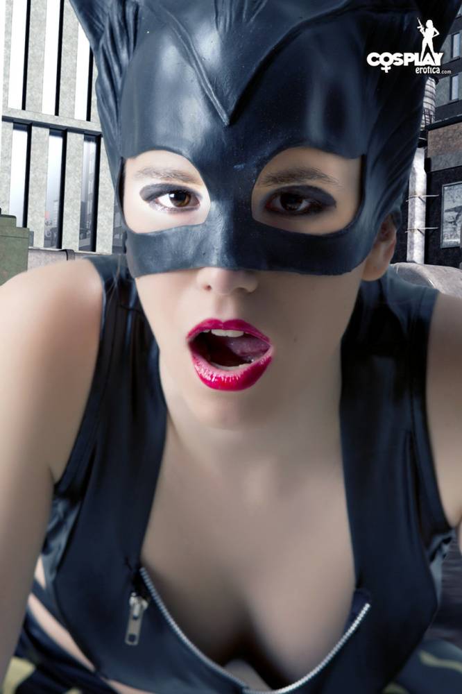 Beautiful girl gets naked in a leather Catwoman hood on a rooftop - #5