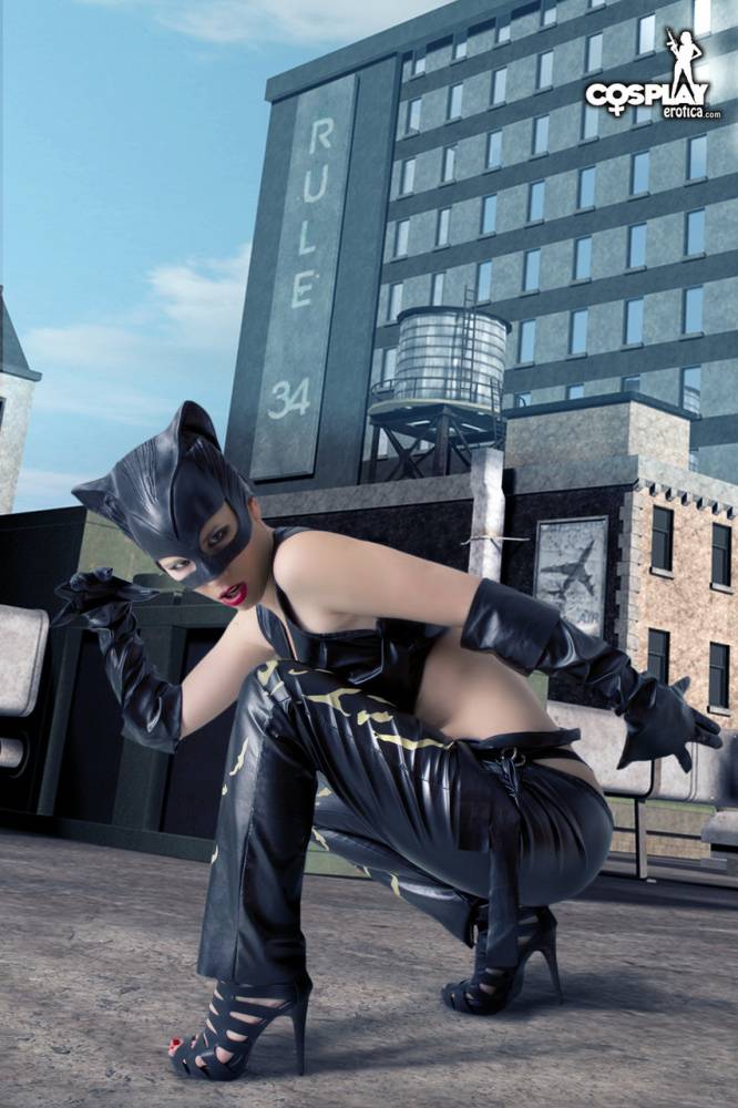Beautiful girl gets naked in a leather Catwoman hood on a rooftop - #4