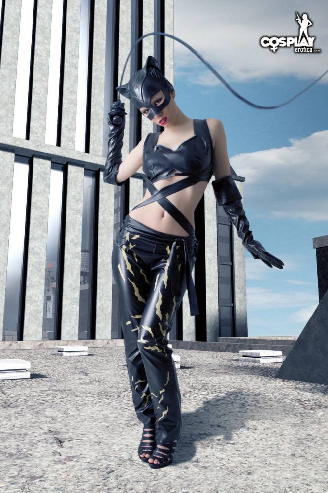 Beautiful girl gets naked in a leather Catwoman hood on a rooftop - #2