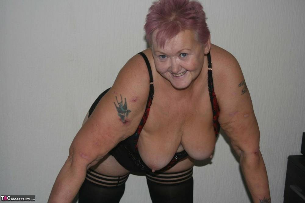 Overweight granny Valgasmic Exposed sheds her lingerie to pose nude in hosiery - #14