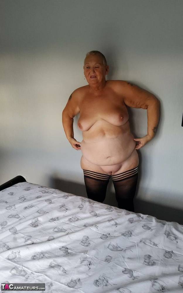 Overweight granny Valgasmic Exposed sheds her lingerie to pose nude in hosiery - #16