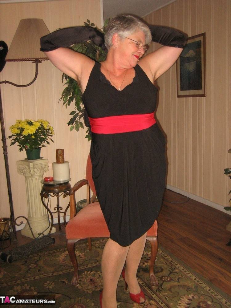 Old fatty Girdle Goddess fondles saggy tits in black velvet gloves and hose - #2