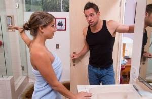 Skinny wife Presley Hart seduces her husband's friend in a bathroom on amateurlikes.com